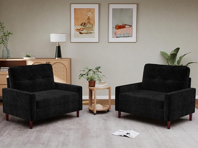 Accent Chair for Living Room Oversized 39.5 Chenille Fabric Armchair Mid Century Modern Single Sofa Chair Comfy Reading Chair for Bedroom Apartment Waiting Room (Black 2 Pack)