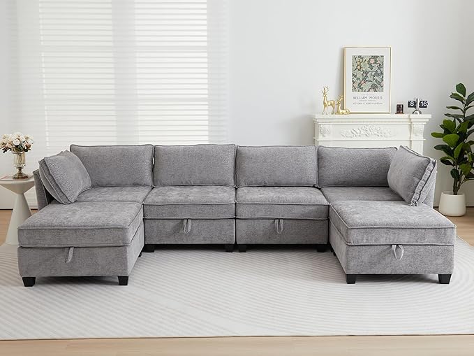 ORRD Corner Modular Sectional Sofa Set Convertible L Shaped Couch with Storage 6 Seater Sofa Modular with Ottomans and Reversible Chaise for Living Room Office (Grey)