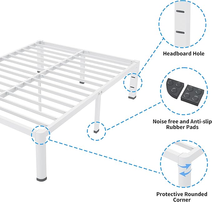 ROIL 12 Inch White King Bed Frame with Rounded Corner and Headboard Hole Mattress Retainers 3500LBS Heavy Duty Steel Slats No Box Spring Needed Platform Noise-Free Easy Assembly