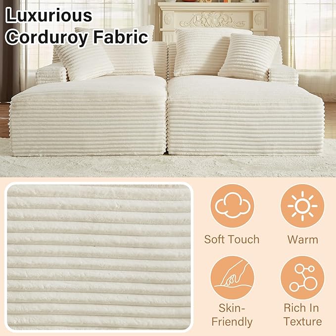 78.8 Oversized Double Chaise Lounge Chair Sectional Upholstered Deep Seat Cloud Couch Modern Corduroy Sofa Bed Loveseat Sleeper Chair for Living Room Bedroom Apartment Indoor White