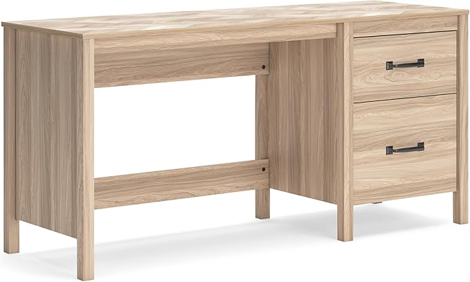 Benjara Bette Home Office Desk 60 Inch Rectangular Top w Side Cabinet Oak Brown and Black