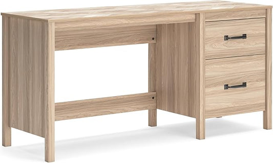 Benjara Bette Home Office Desk 60 Inch Rectangular Top w Side Cabinet Oak Brown and Black