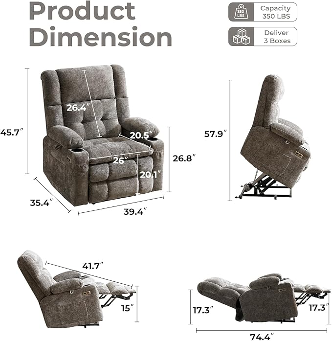 Power Lift Recliner Chair for Elderly with Massage and Heat Dual Motor Electric Lift Chair with Arm Storage Lay Flat Recliner for Big and Tall Infinite Position Gray