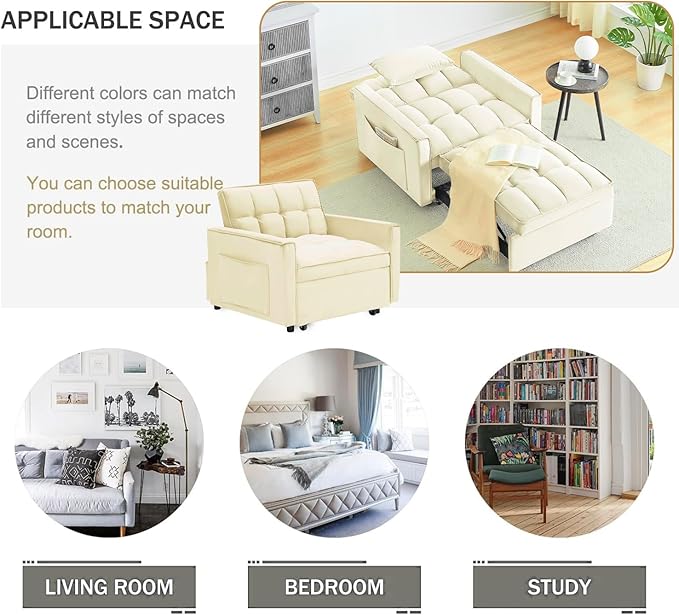 3 In 1 Velvet Convertible Sofa Bed Pull Out Couch Bed with Reclining Backrest And 2 Pillows 54 Full Size Loveseat Sleeper Sofa Futon Couch Bed Couches For Small Spaces Living Room (Cream White)