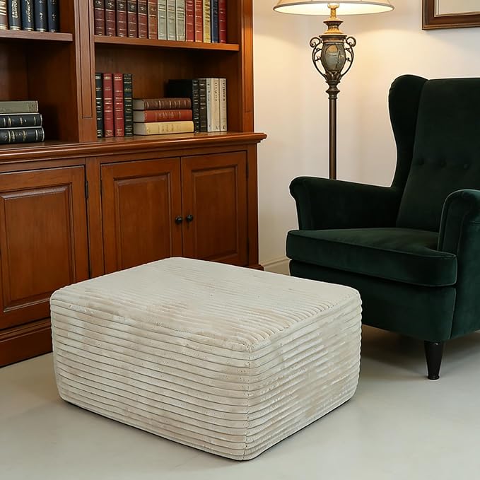 Large Ottoman Foot Rest 37 Beige Sofa Couch Ottomon with Soft Long-Pile Fabric High Resilience Foam &amp Spring Support Ottoman for Living Room Extra Seating