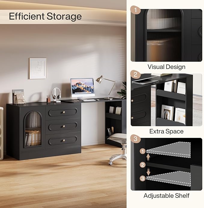 Tribesigns L Shaped Desk with 3 Drawers Reversible Corner Desk with Storage 360° Rotatable Study Table with Adjustable Shelves for Home Office Writing Table Workstation for Bedroom (Black)