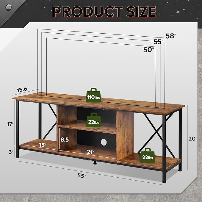 WLIVE Industrial TV Stand for Up to 65 inch TV Heavy-Duty Metal Frame Entertainment Center with Adjustable Shelves &amp Cable Management Media TV Console for Living Room Bedroom Rustic Brown