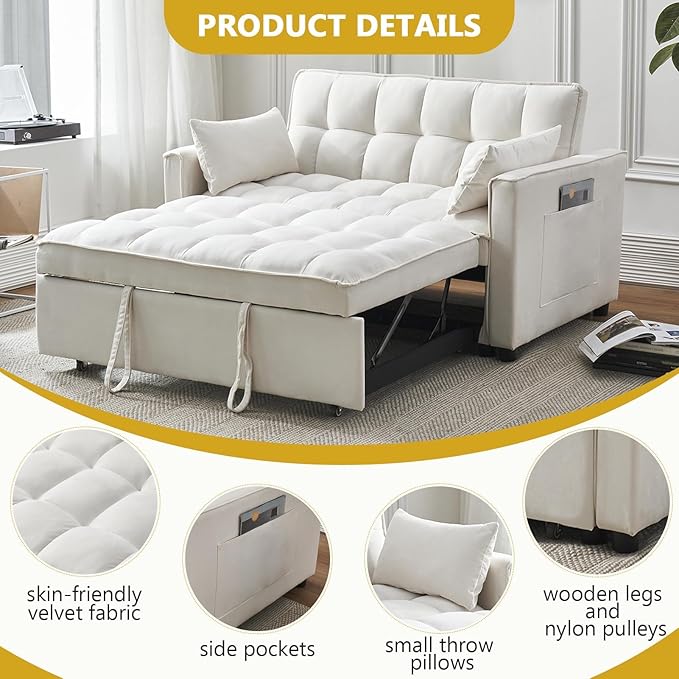 Kiztir Futon Sofa Bed 55 Small Loveseat Sleeper Sofa Comfy Velvet Pull Out Couch Bed with 3 Levels Adjustable Backrest and Side Pockets for Living Room Bedroom Apartment Small Spaces (B-Beige)