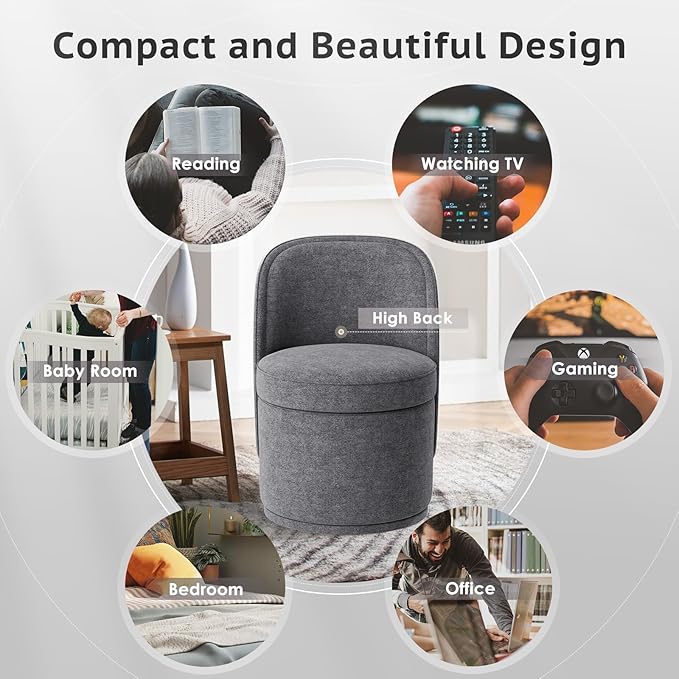 Swivel Accent Chair 360° Swivel Chair with Hidden Storage Vanity Chairs Modern Small Barrel Swivel Armchair for Living Room/Bedroom Darkgrey
