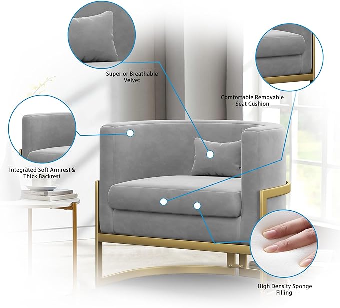 Alunaune Modern Velvet Accent Chair Barrel Living Room Chairs Upholstered Armchair Lounge Chair Mid Century Tub Bucket Club Side Chair Sofa for Bedroom-Grey