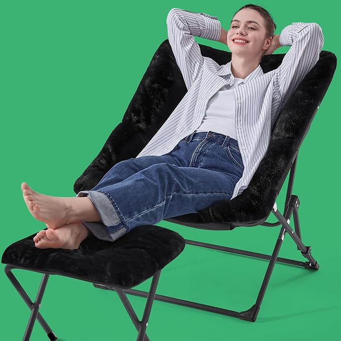 OAKHAM Comfy Chair for Adults Soft Faux Fur Folding Lounge for Bedroom Living Room Dorm Rooms Flexible Reading Chair for Teens Kids X-Large Foldable (Ottoman-Black)