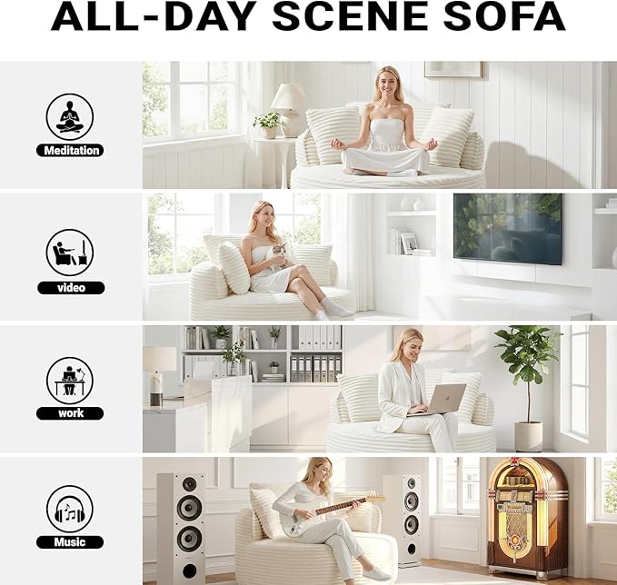 54-inch Oversized Round Chaise Longue Chair Indoor Modern Upholstered Corduroy Deep Seat Circle Cloud Chair Single Boneless Reading Chair for Living Room Bedroom Apartment Beige