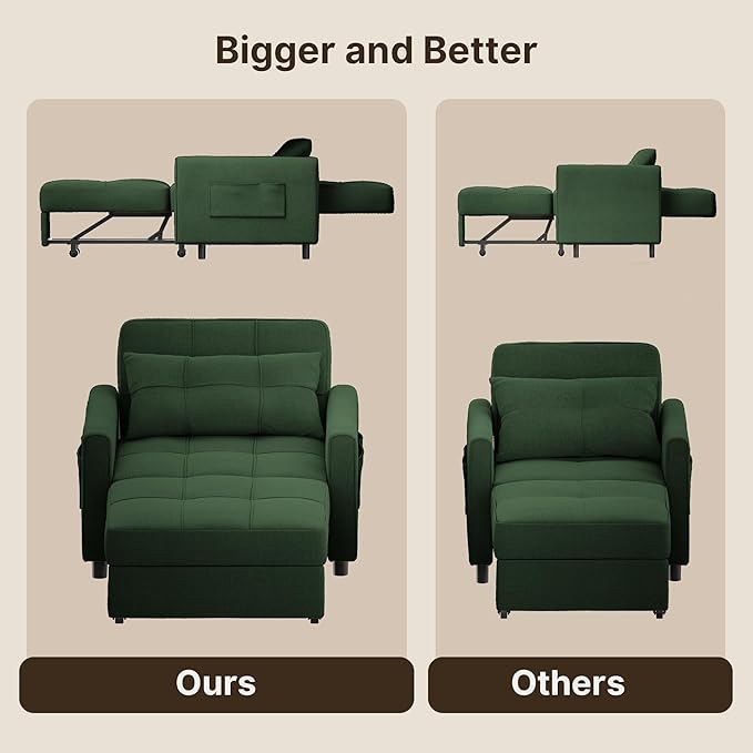 Gizoon Sofa Bed Chair 3 in 1 Convertible Pullout Single Sleeper Chair Bed with Adjustable Backrest Spacious Multifunctional Sofa Couches for Living Room Bedroom Apartment