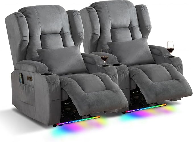 SAMERY Power Recliner Chair Set of 2 Electric Wall Hugger Recliners with Massage &amp Heat Comfy Reclining Sleeper Chair Movie Sofa Home Theater Seat with Cup Holders/USB Port/LED Light/Lumbar Pill