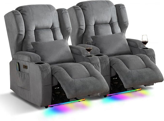 SAMERY Power Recliner Chair Set of 2 Electric Wall Hugger Recliners with Massage &amp Heat Comfy Reclining Sleeper Chair Movie Sofa Home Theater Seat with Cup Holders/USB Port/LED Light/Lumbar Pill