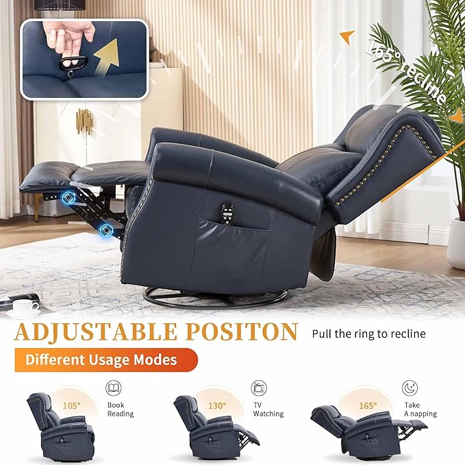 360° Swivel Glider Chair for Nursery Wingback Genuine Leather Rocking Recliner with Lumbar Heat &amp Massage 8-Point Vibration Massage for Living Room Bedroom
