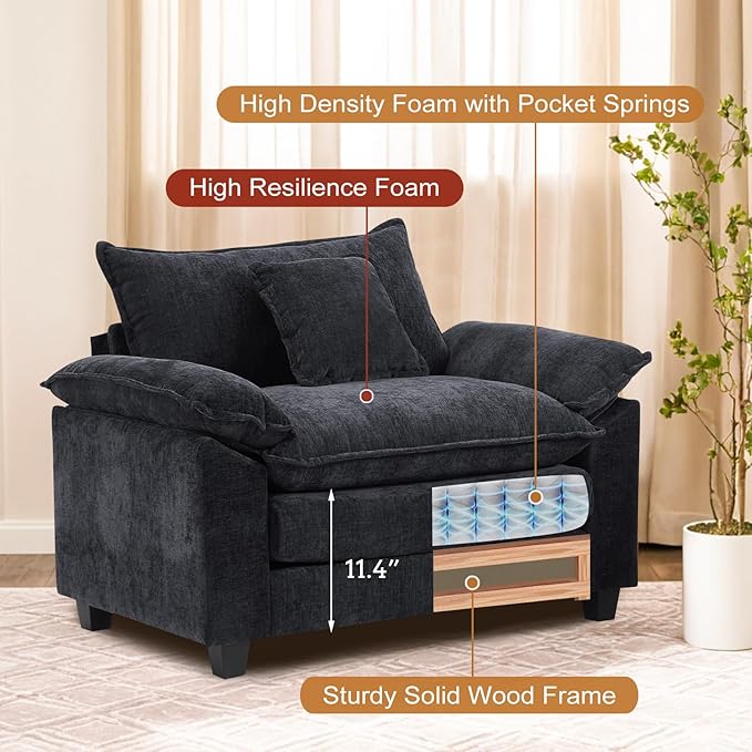 Furniliving 46‘’ Oversized Chair with Ottoman Luxury Chenille Single Sofa Upholstered Deep Seat Chaise Lounge with Pillows for Living Room Bedroom Apartment Black