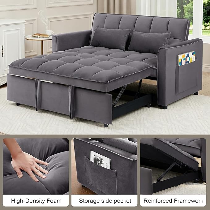 3 in 1 Folding Convertible Sofa Bed 55'' Pull Out Couch Bed with Side Pocket Velvet Fabric Loveseat Sleeper Sofa with Adjustable Backrest Easy AssemblyPerfect for Living Room Grey