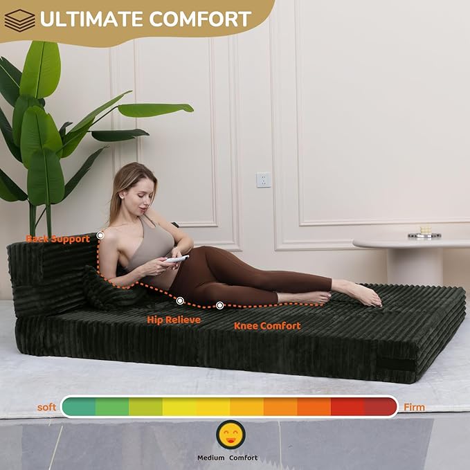 Folding Sofa Bed Queen Size Convertible Sleeper Chair Loveseat with Pillow Futon Chair Sofa Bed Fold Out Floor Couch Foldable Mattress for Living Bedroom Guest Room Dorm Charcoal Moss Grey