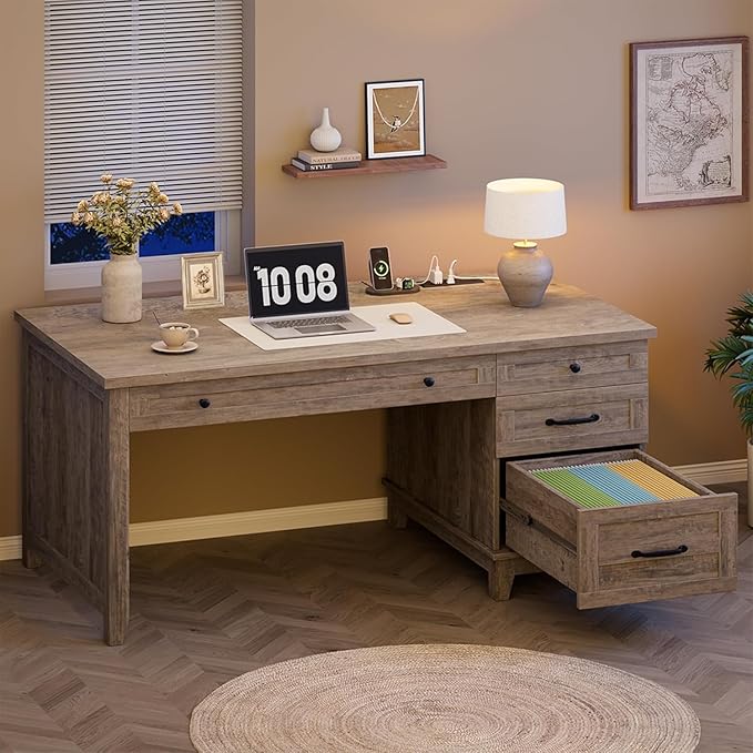 Farmhouse Home Office Desk with Power Outlets &amp USB Ports 53.5 Inch Writing Desk with Adjustable File Cabinet and Storage Drawers Executive Computer Desk for Study Workspace