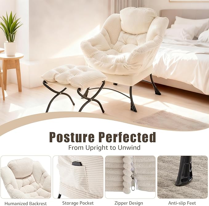 Oversized Lazy Chair with Ottoman for Adults Chair and Ottoman Set Modern Skinny Lounge Chair with Footrest Wide Reading Chair for Living Room Comfy Accent Armchair for Small Spaces White