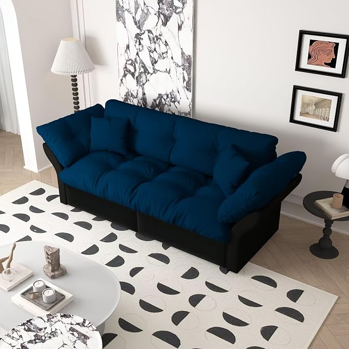 3-in-1 Folding Convertible Sleeper Tufted Couch with 2 Soft Pillows 74.8 Queen Pull Out Sofa Bed Multi-Functional Velvet Loveseat Bed Blue