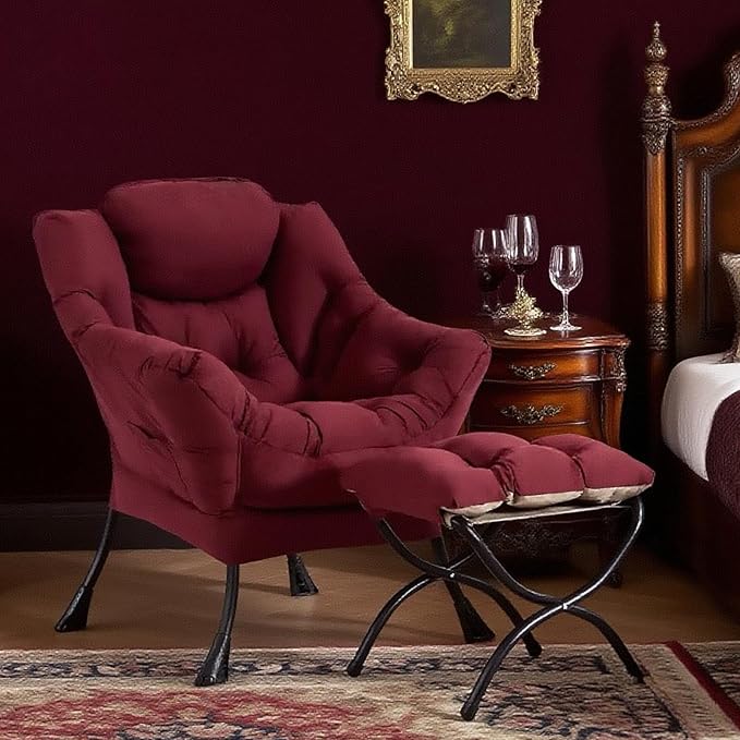 Tiita Lazy Chair with Ottoman Red Modern Large Accent Chair Comfy Leisure Sofa Armchair with Ottoman Reading Chair with Footrest for Bedroom Living Room Dorm Rooms Wine red