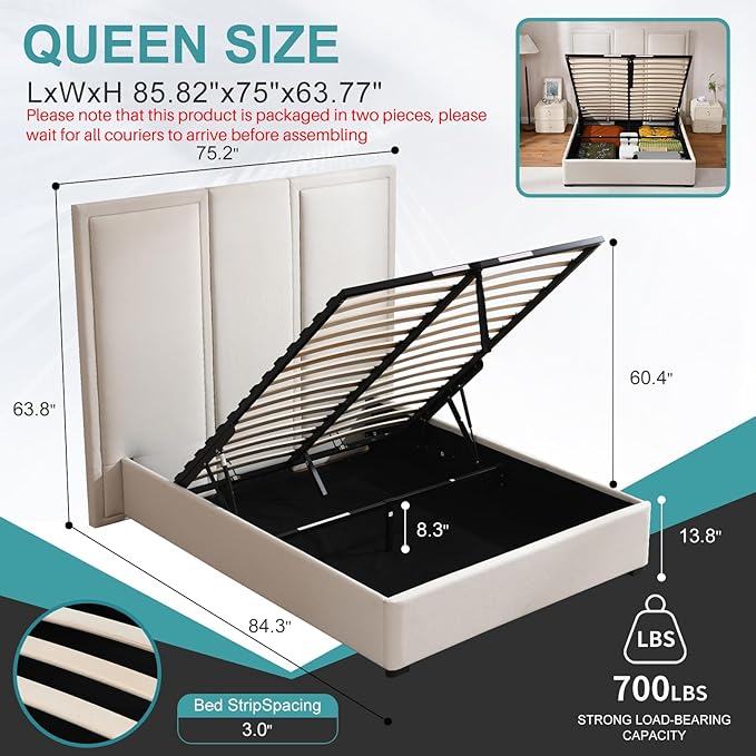 YUHUASHI Queen Size Bed Frame with 64-inch High Headboard Simple and Airy Linen Upholstered Platform Bed with Storage Drawers Wood Slat No Noise (Beige Queen(Hydraulic Lift))