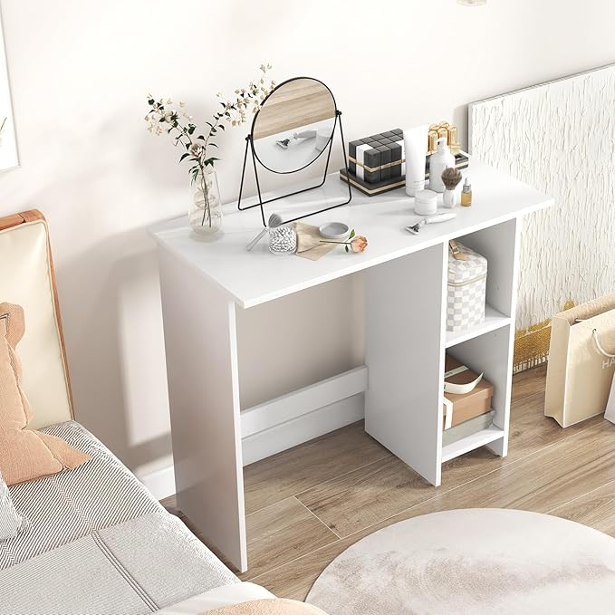 Giantex Small White Desk Compact Study Writing Desk with 3-Position Adjustable Shelf Anti-Toppling Kit Modern PC Laptop Table Home Office Computer Workstation for Small Space Bedroom Dorm