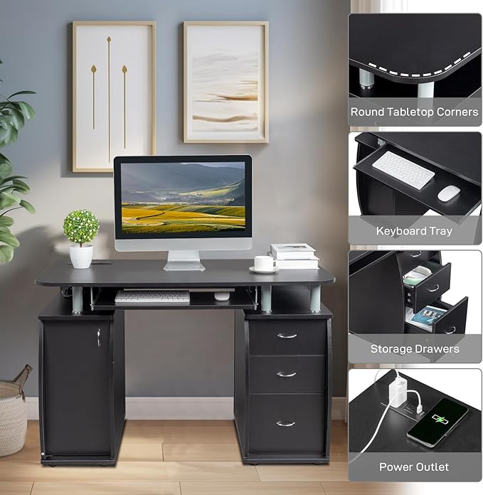 Black Computer Desk with Drawers Home Office Desk Modern Work Study Gaming Writing Home Office Desks with Storage Table for Bedroom PC Laptop Workstation 45.27 L x 21.65 W x 29.13 H