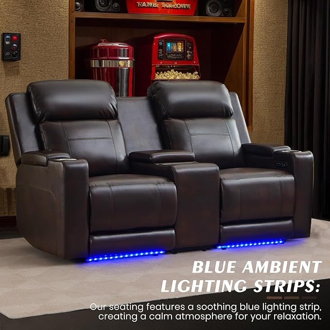 Power Reclining Loveseat with Console Power Loveseat Recliner Sofa with Adjustable Headrest/LED Light/Wireless Charging/Arm Storage Power Recliner Loveseat for Living Room (Brown 2 Seater)