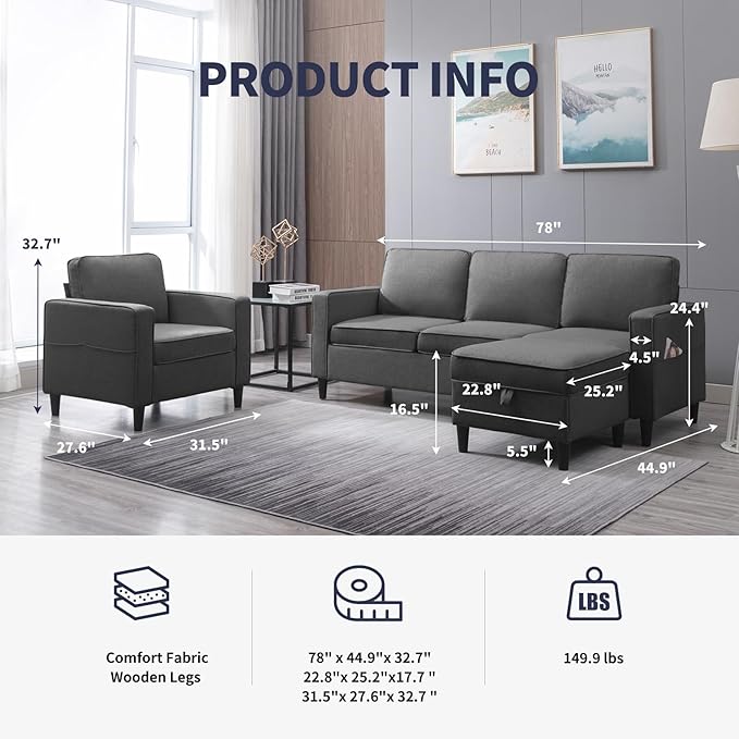ijuicy 2PCS Sectional Sofa Set for Living Room Furniture Set Modern 4 Seat Couch Set with Ottoman L-Shaped 3 Seat Couch &amp Armchair with Side Pockets &amp Movable Storage Ottoman(3+1 Seat/Dark G