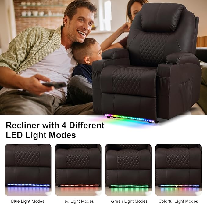 AHMED Power Recliner Chair with Vibration Massage &amp Heat for Adults Faux Leather Home Theater Seating with Cup Holders/LED Lights/USB Ports/Side Pockets for Living Room Brown