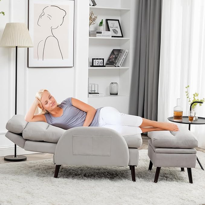 Accent Chair with Ottoman Comfy Reading Chair with Ottoman Set Modern Oversized Velvet Lounge Armchair with Adjustable Backrest for Living Room Bedroom (Grey)