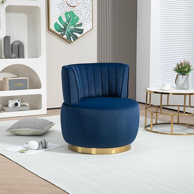 Swivel Barrel Chair Blue Velvet Modern Accent Chair Round Upholstered Comfy Side Chair Sherpa Chair with Gold Base for Nursery Living Room Bedroom Office Waiting Room Hotel Blue
