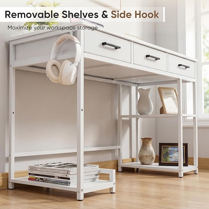Shahoo Home Office Computer Desk with Drawers &amp Storage Shelves 47.2 Modern Writing Table White