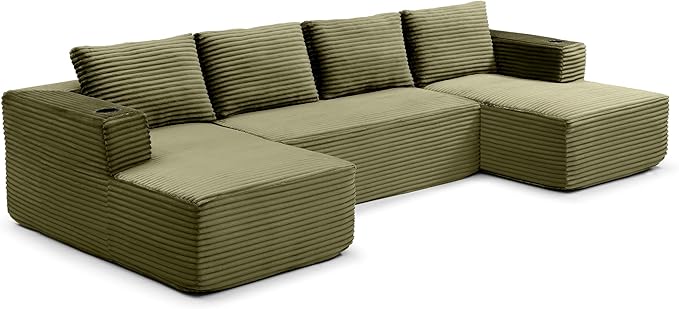 132” Oversized Modular Sectional Sofa Modern Comfy Corduroy U Shaped Couch with Cup Holders Boneless Compressed Memory Foam Cloud Couch for Living Room Office No Assembly Requiredm Green