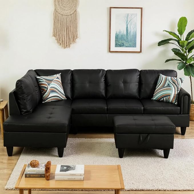 L-Shaped Sectional Sofa with Movable Chaise &amp Storage Ottoman Leather 3-Piece Modular Convertible Couches for Living Room Apartment &amp Office Black