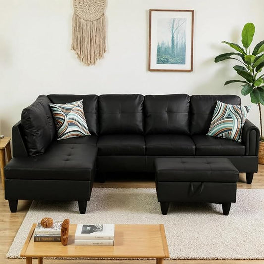 L-Shaped Sectional Sofa with Movable Chaise &amp Storage Ottoman Leather 3-Piece Modular Convertible Couches for Living Room Apartment &amp Office Black
