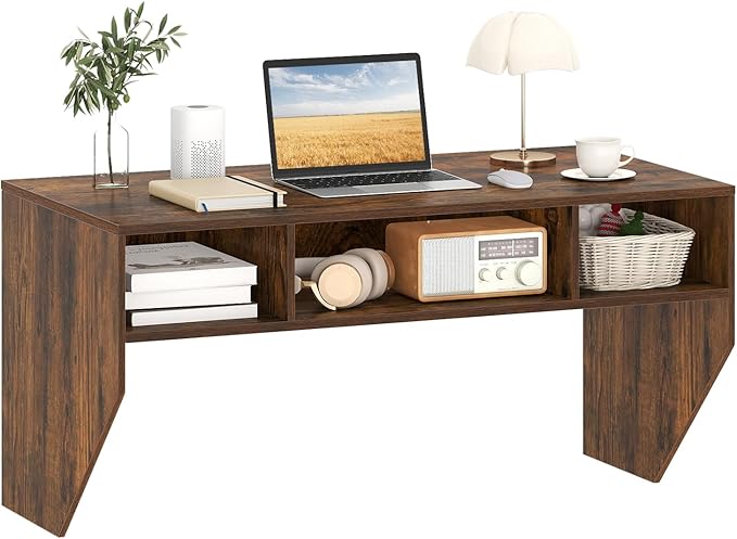 Giantex Wall-Mounted Computer Desk Floating Laptop Desk with 3 Storage Compartments Space-Saving Home Office Workstation Vanity Table for Bedroom Study Living Room (Rustic Brown)