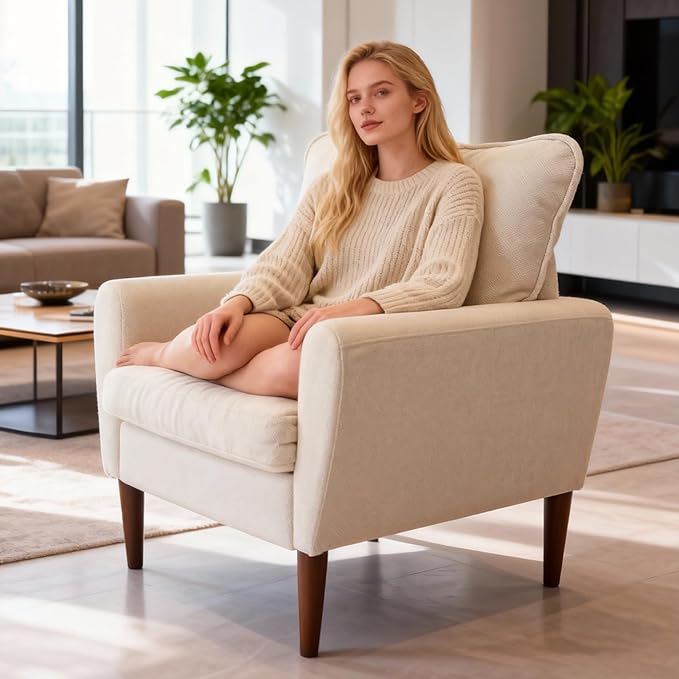 OLIXIS Comfy Accent Chair for Living Room Bedroom and Waiting Room Upholstered Mid-Century Reading Chair with Pillow and Solid Wood Legs Wide Singe Modern Lounge Sofa (Beige 2 Pack)