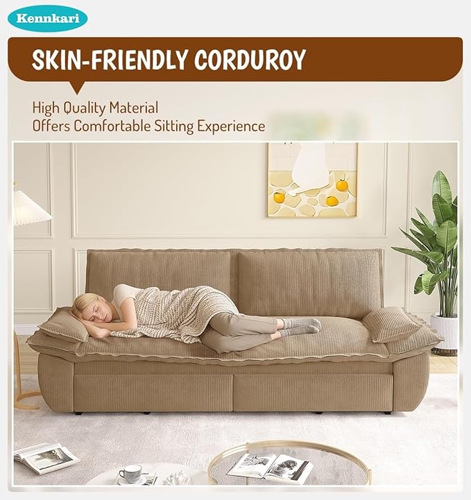 73.2 Queen Size 3-in-1 Convertible Pull Out Sofa Bed with Wheels Multi-Functional Velvet Loveseat Bed for Living Room and Bedroom (Camel)