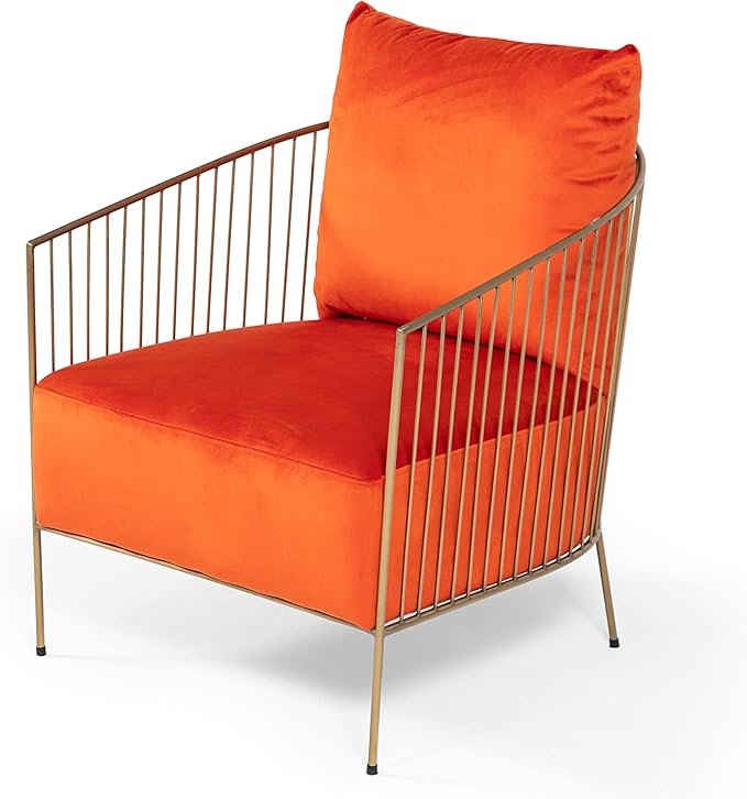 Limari Home Margaux Collection Glam Style Living Room Velvet Fabric Upholstered Accent Chair with Gold Frame &amp Legs Orange