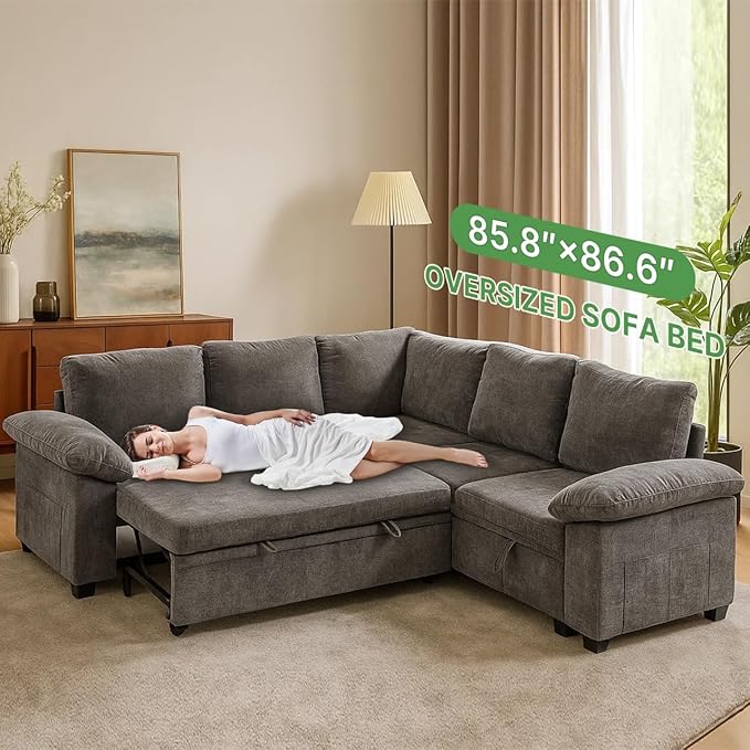 Modular Sectional Sofa with Pull Out Bed Sleeper Sofa L Shaped with Storage Sectional Couch for Living Room Convertible Sofa Bed with Removable Sofa Cover(5 Seats Grey)