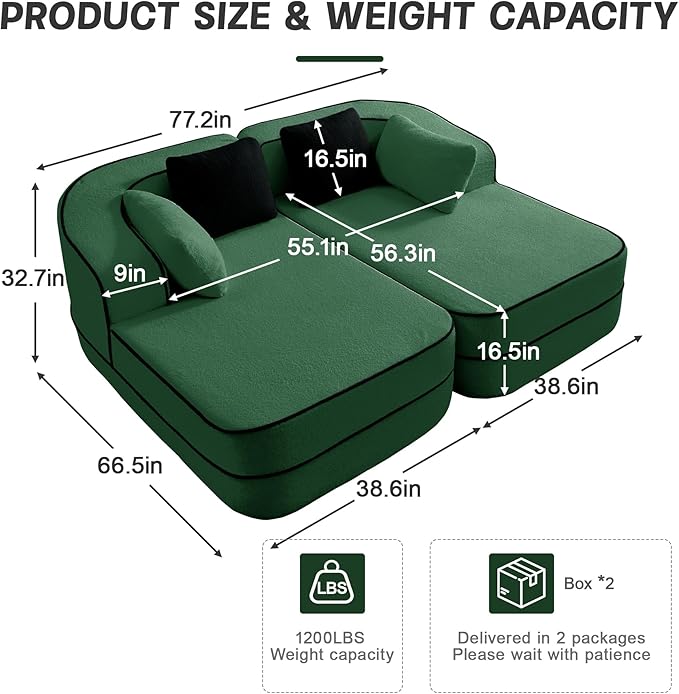 Double Chaise Lounge Chair Indoor Teddy Fabric Boneless Sofa Deep Recliner with 32D High-Resilience Foam Wide Arms for Home Theater ApartmentGreen