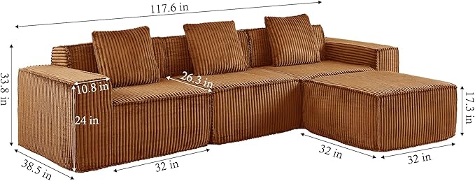 L-Shaped Corner Corduroy Sectional Sofa 4 Seat Modular Boneless Sofa Foam Cloud Couch with Movable Ottoman and Toss PillowsModern Deep Seat Convertible Chaise Sofa