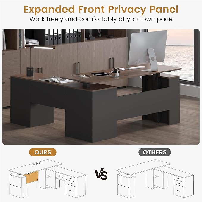 JOMEED 63 L Shaped Electric Standing Desk with Storage Executive Adjustable Height with Power Outlets and Privacy PanelBrown and Black