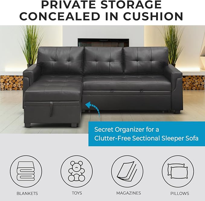 Naomi Home L-Shaped Reversible Sectional Sofa with Pull-Out Sleeper Bed and Storage Chaise Black Air Leather
