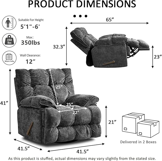 Oversized Rocker Recliner Chair for AdultsOverstuffed 360° Swivel Rocking Recliner Extra Wide Breathable Fabric Manual Reclining Single Sofa for Living Room (Gray)