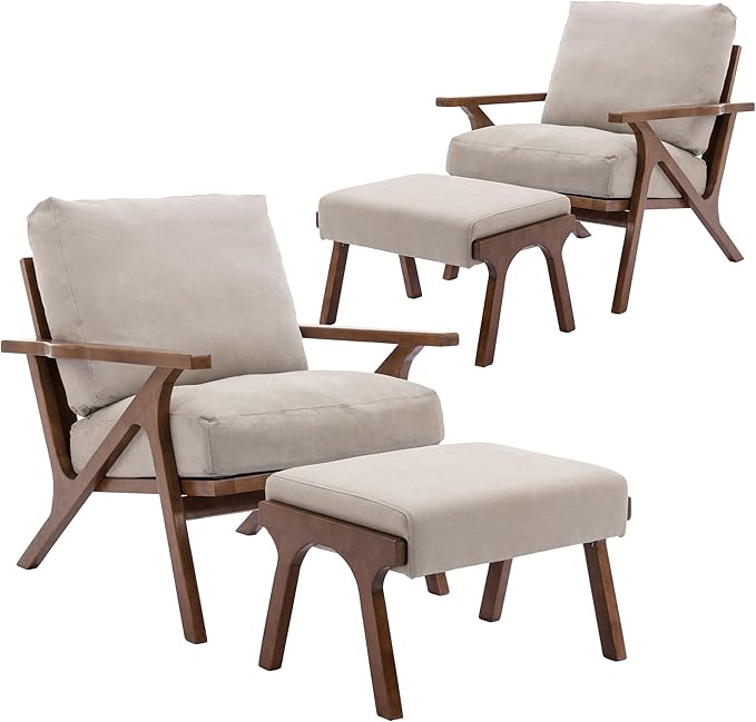 chairus Mid-Century Modern Accent Chairs with Ottomans Set of 2 Comfy Upholstered Lounge Armchairs with Solid Wood Frame Reading Chairs for Living Room Bedroom Office Beige Denim Fabric